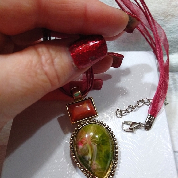Roman Unakite Stone Pendant on Organza Ribbon Cord - Picture 3 of 8
